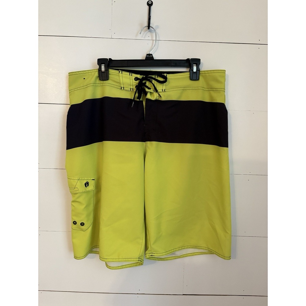 Hang Ten Board‎ Shorts Mens 36 Yellow Blk Striped Swimming Surfing Casual Trunks